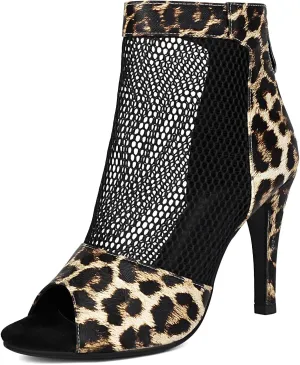 Fashion Peep Toe Mesh Air Snakeskin Booties Women Gladiator Summer Booties Open Toe Leopard Ankle Boots Stiletto High Heeled Dance Wedding Party Sandals