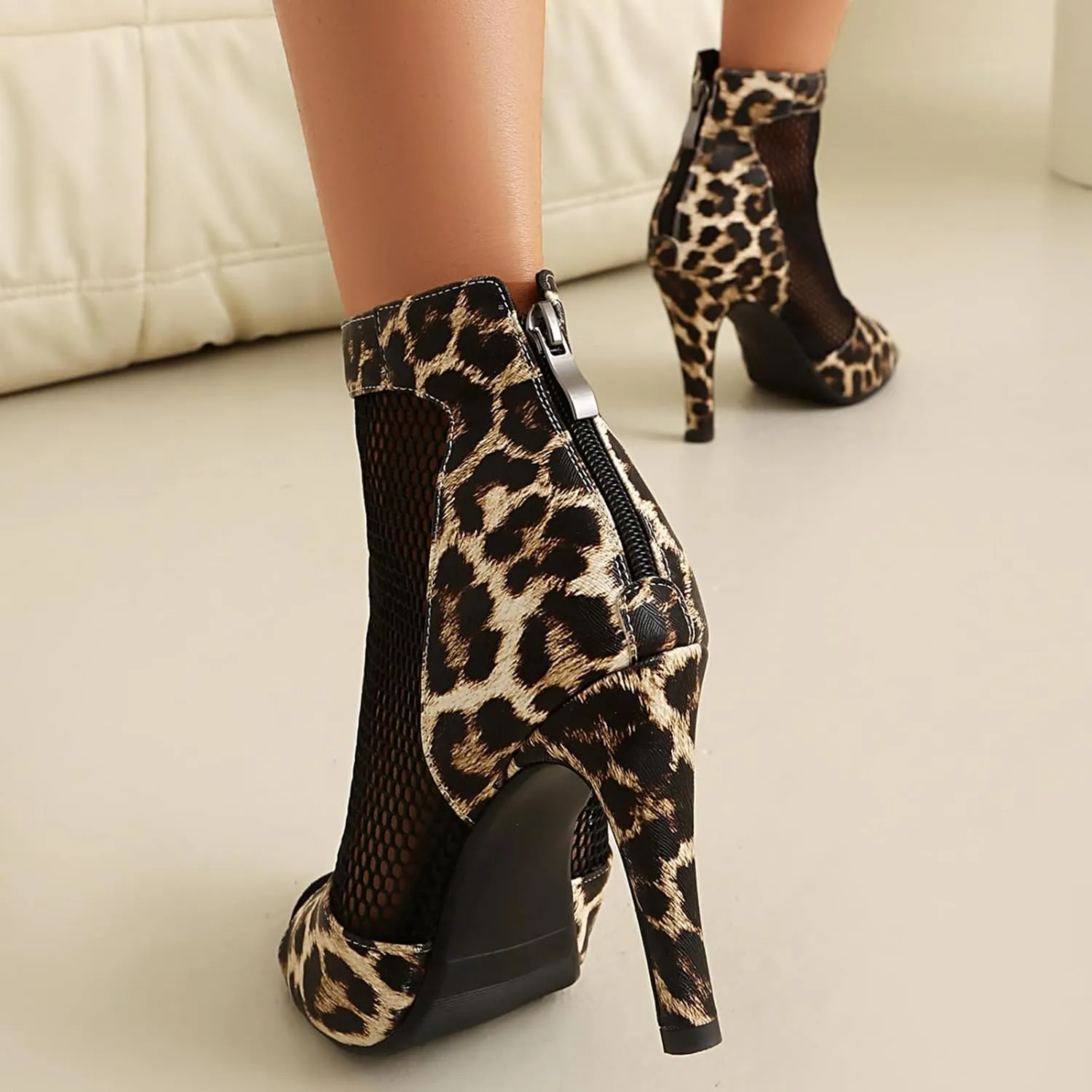 Fashion Peep Toe Mesh Air Snakeskin Booties Women Gladiator Summer Booties Open Toe Leopard Ankle Boots Stiletto High Heeled Dance Wedding Party Sandals