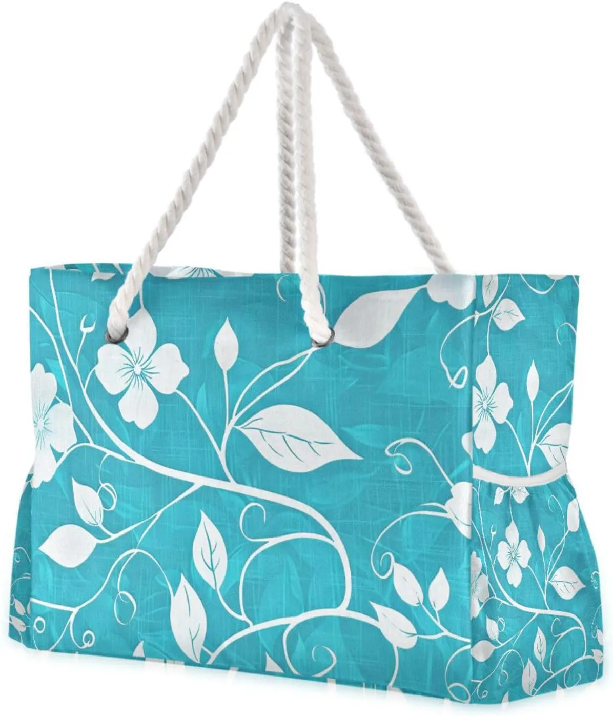 Flowers Blue Weekender Bag Women Waterproof Sandproof with side pockets Large Tote For Women for Pool Gym Grocery Travel