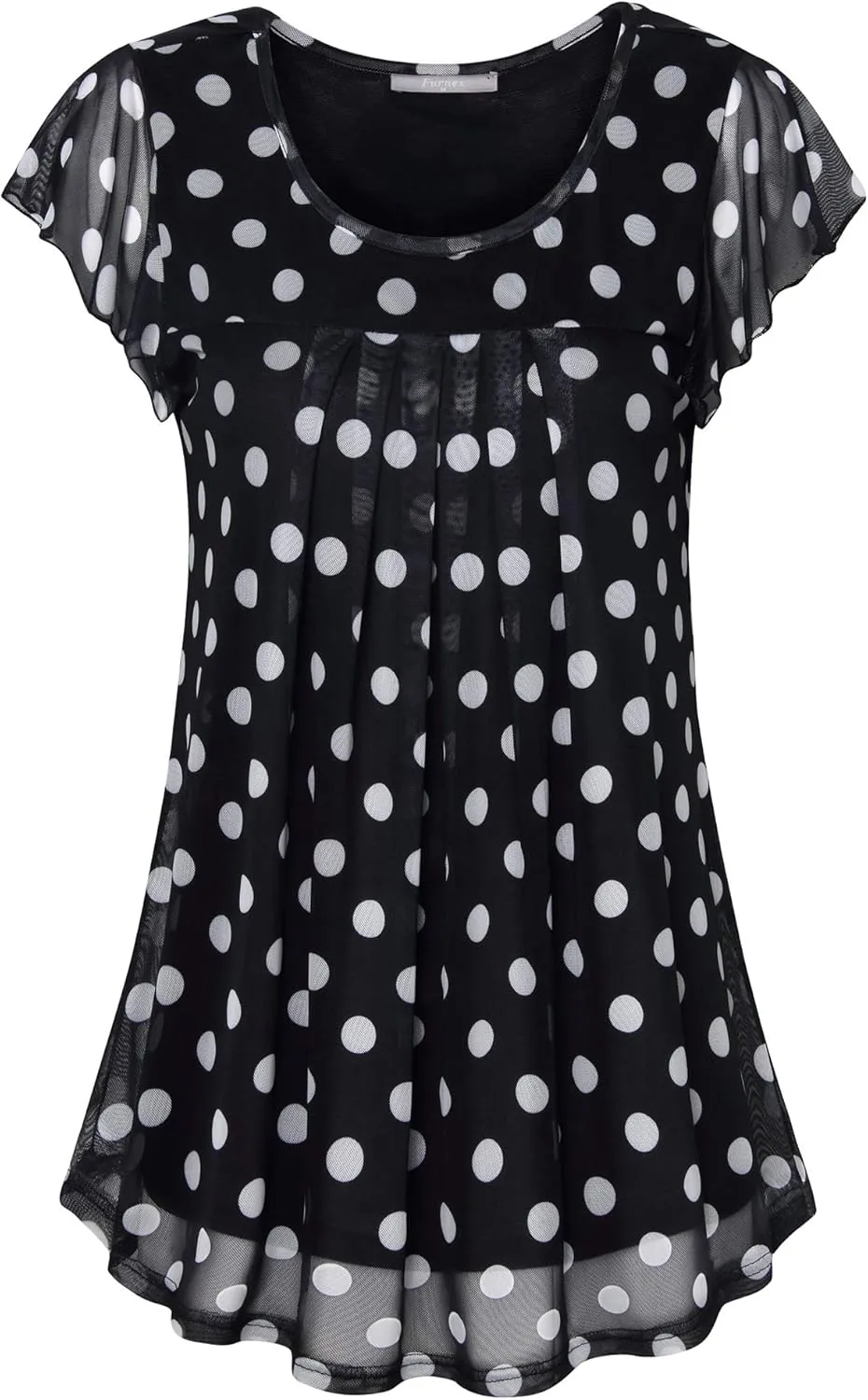 Furnex Women's Short Sleeve Tunic Shirt Pleated Mesh Blouses Summer Floral Tops