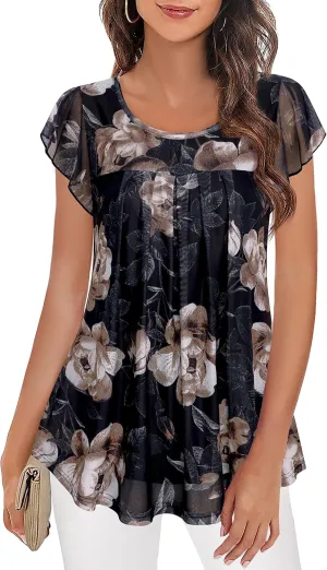 Furnex Women's Short Sleeve Tunic Shirt Pleated Mesh Blouses Summer Floral Tops