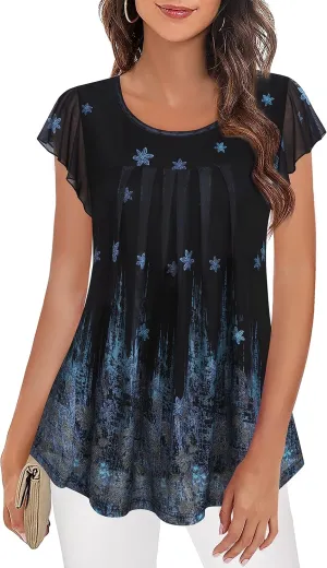 Furnex Women's Short Sleeve Tunic Shirt Pleated Mesh Blouses Summer Floral Tops