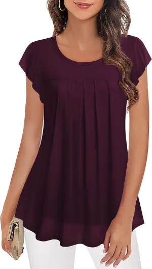 Furnex Women's Short Sleeve Tunic Shirt Pleated Mesh Blouses Summer Floral Tops