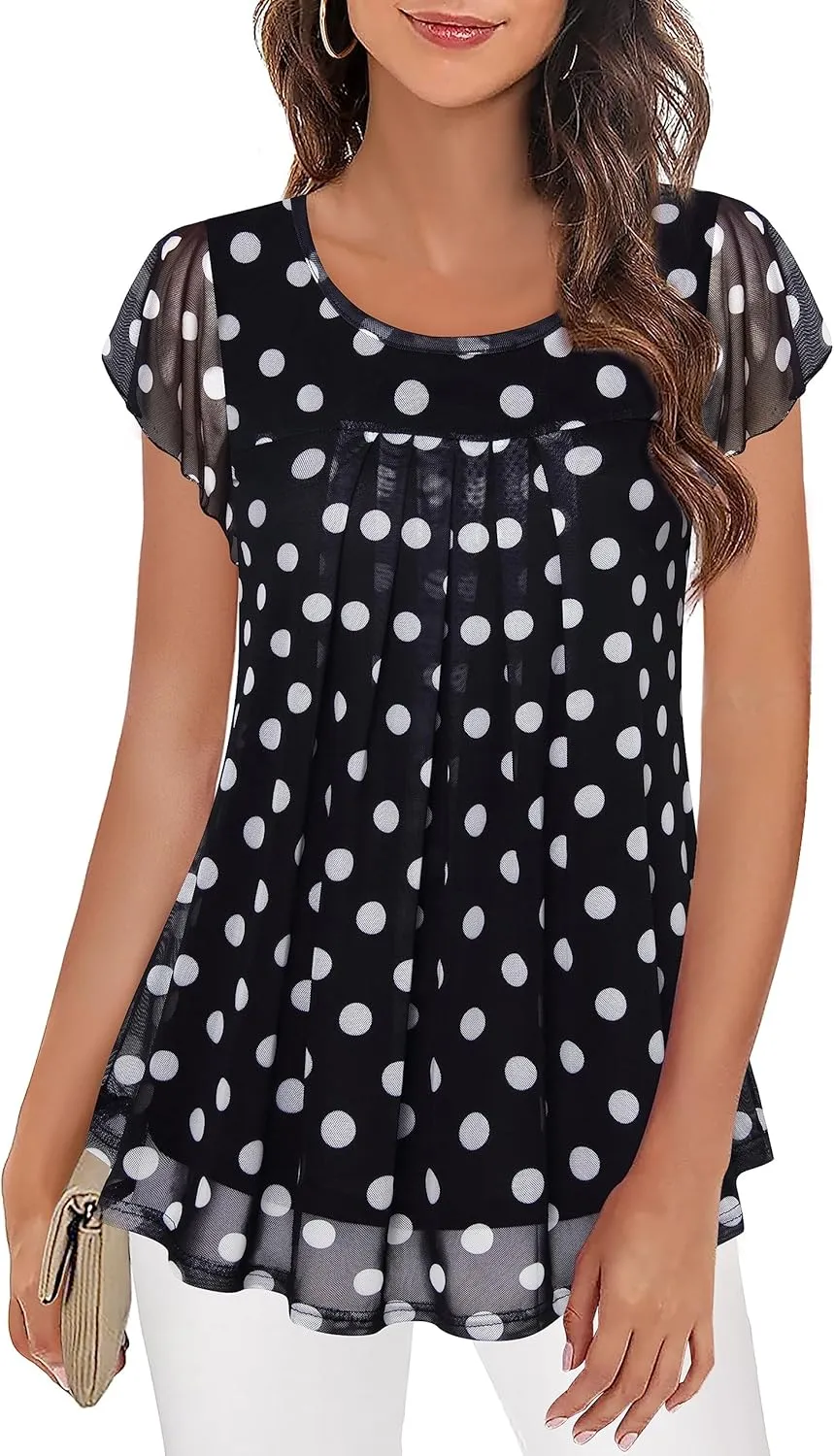Furnex Women's Short Sleeve Tunic Shirt Pleated Mesh Blouses Summer Floral Tops