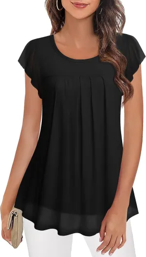 Furnex Women's Short Sleeve Tunic Shirt Pleated Mesh Blouses Summer Floral Tops
