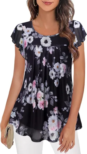 Furnex Women's Short Sleeve Tunic Shirt Pleated Mesh Blouses Summer Floral Tops