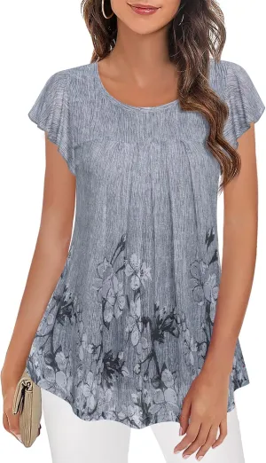 Furnex Women's Short Sleeve Tunic Shirt Pleated Mesh Blouses Summer Floral Tops