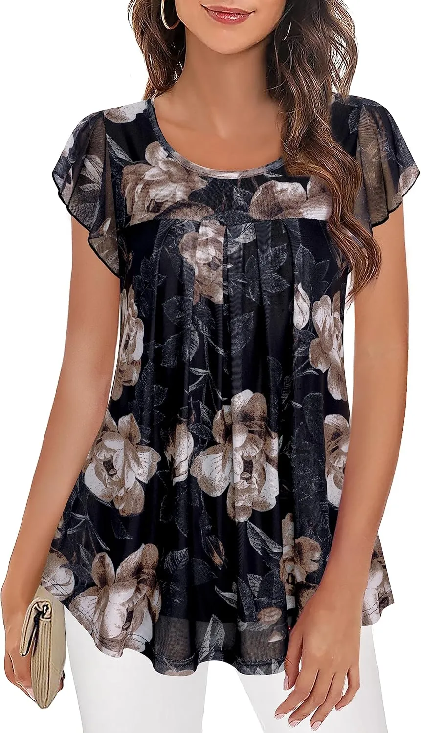 Furnex Women's Short Sleeve Tunic Shirt Pleated Mesh Blouses Summer Floral Tops