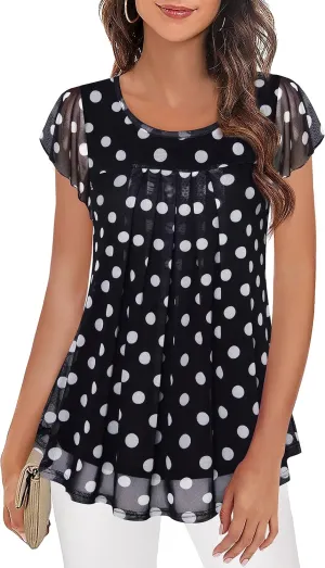 Furnex Women's Short Sleeve Tunic Shirt Pleated Mesh Blouses Summer Floral Tops
