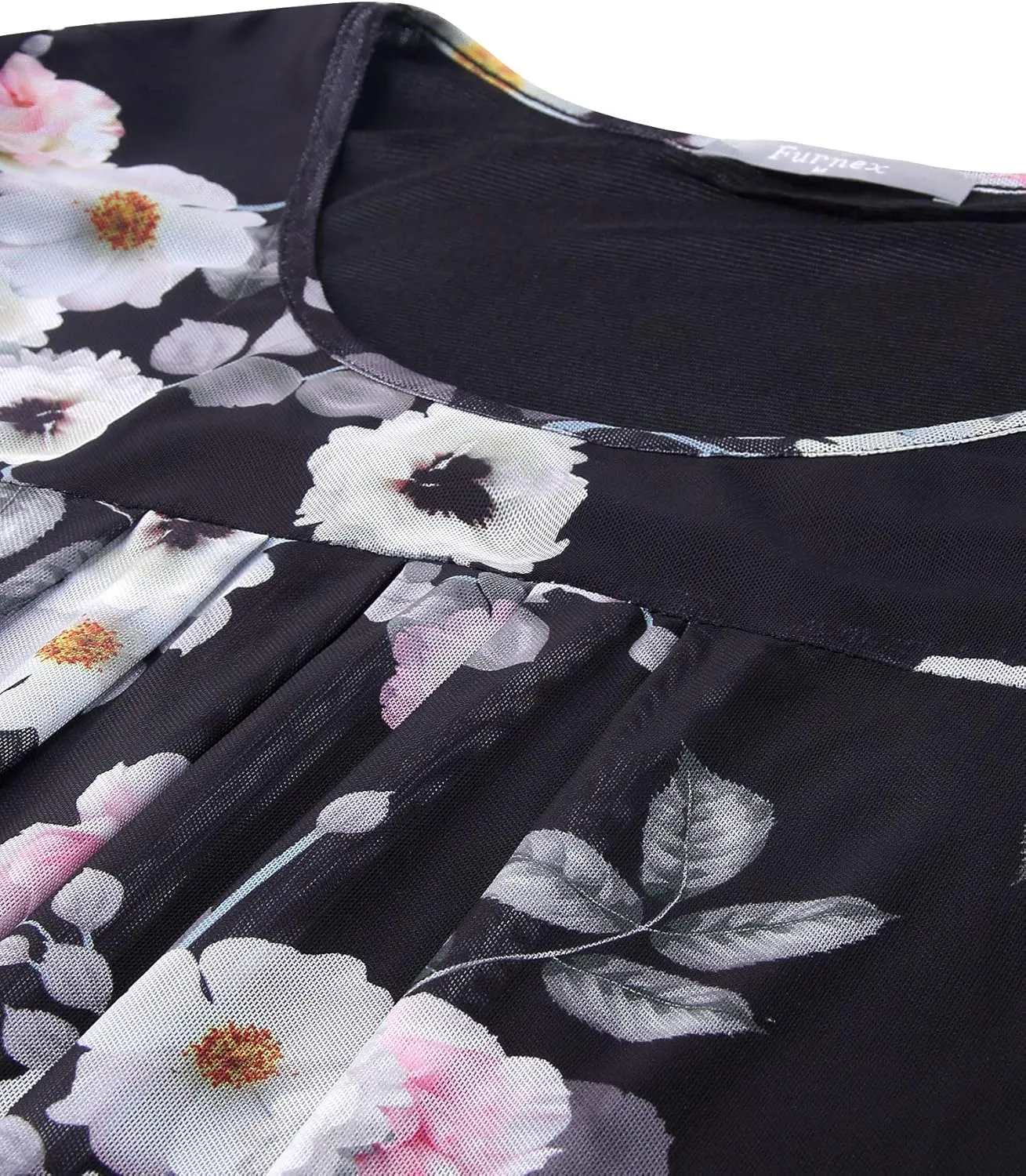 Furnex Women's Short Sleeve Tunic Shirt Pleated Mesh Blouses Summer Floral Tops