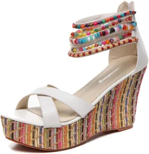 getmorebeauty Women's Wedge Sandals With Pearls Across The Top Platform Sandals High Heels