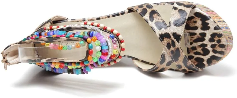 getmorebeauty Women's Wedge Sandals With Pearls Across The Top Platform Sandals High Heels