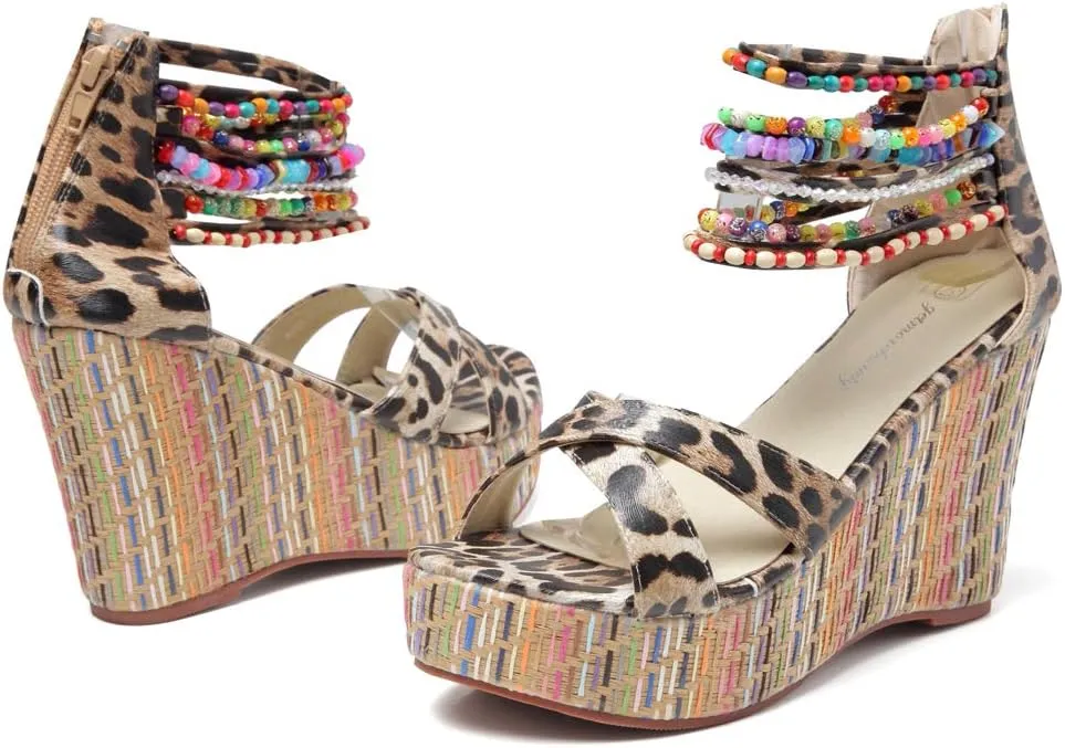 getmorebeauty Women's Wedge Sandals With Pearls Across The Top Platform Sandals High Heels