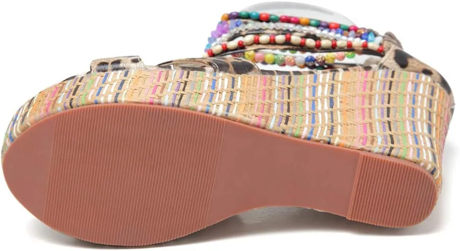 getmorebeauty Women's Wedge Sandals With Pearls Across The Top Platform Sandals High Heels