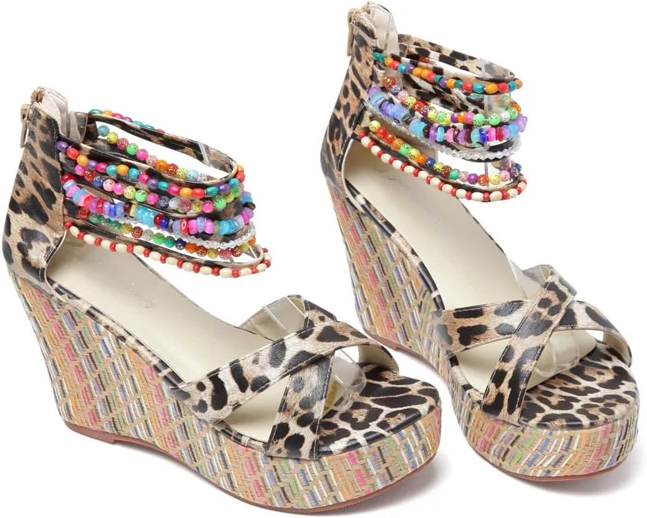getmorebeauty Women's Wedge Sandals With Pearls Across The Top Platform Sandals High Heels