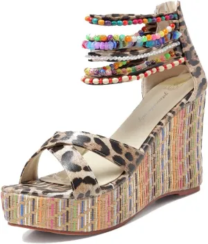 getmorebeauty Women's Wedge Sandals With Pearls Across The Top Platform Sandals High Heels