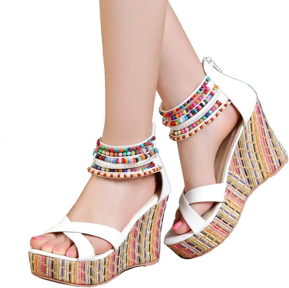 getmorebeauty Women's Wedge Sandals With Pearls Across The Top Platform Sandals High Heels