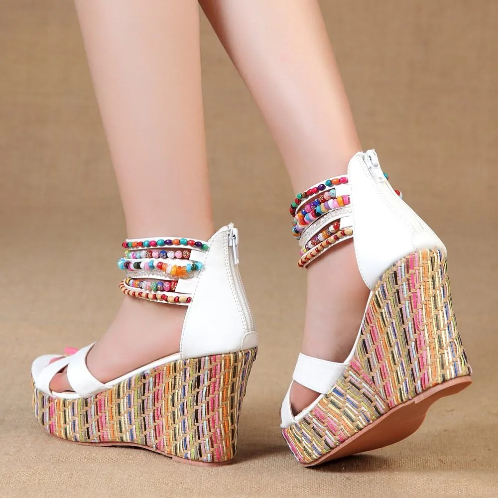 getmorebeauty Women's Wedge Sandals With Pearls Across The Top Platform Sandals High Heels