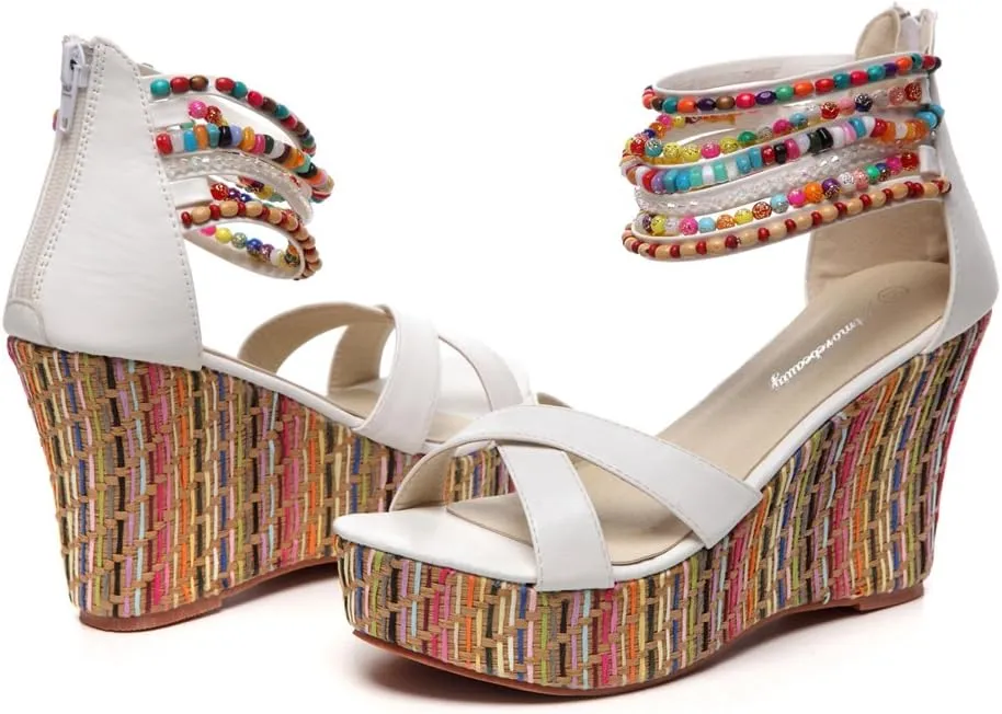 getmorebeauty Women's Wedge Sandals With Pearls Across The Top Platform Sandals High Heels