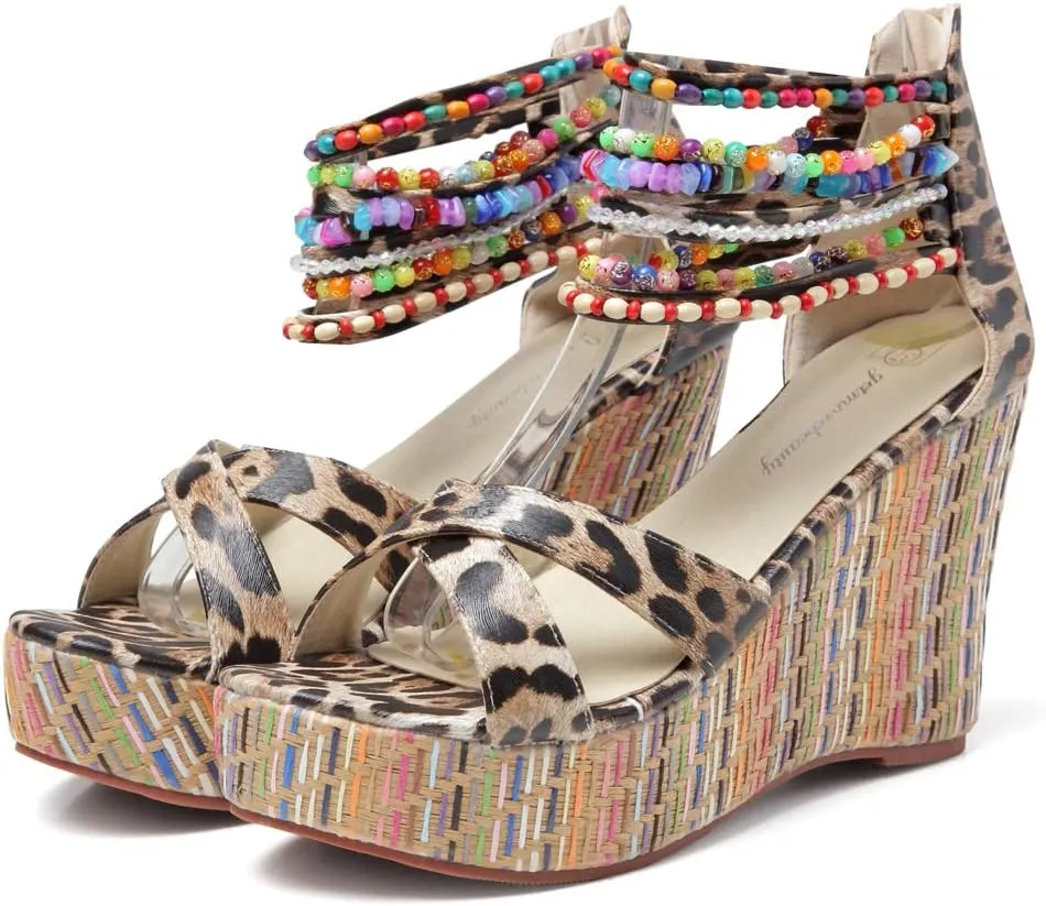 getmorebeauty Women's Wedge Sandals With Pearls Across The Top Platform Sandals High Heels