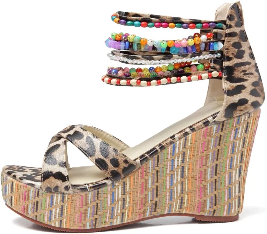 getmorebeauty Women's Wedge Sandals With Pearls Across The Top Platform Sandals High Heels