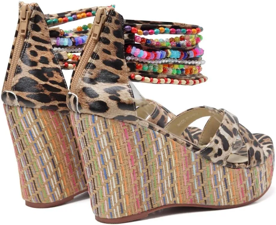 getmorebeauty Women's Wedge Sandals With Pearls Across The Top Platform Sandals High Heels