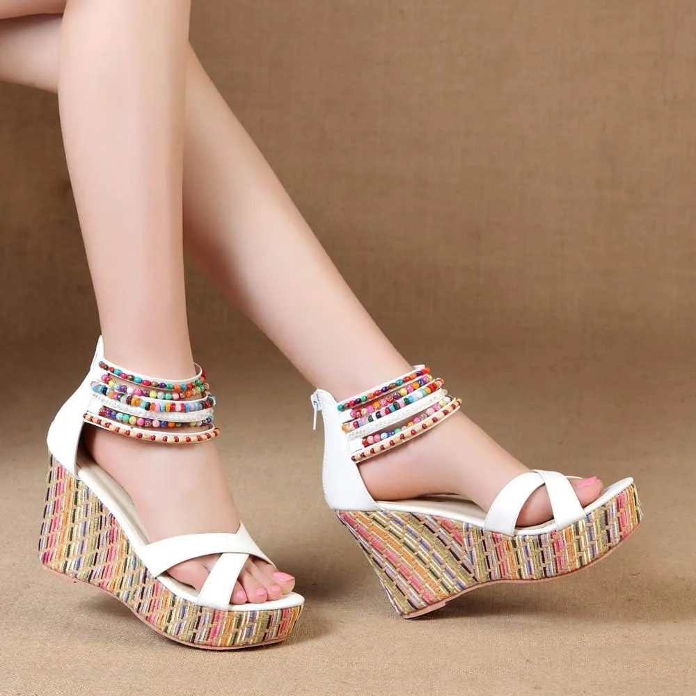 getmorebeauty Women's Wedge Sandals With Pearls Across The Top Platform Sandals High Heels