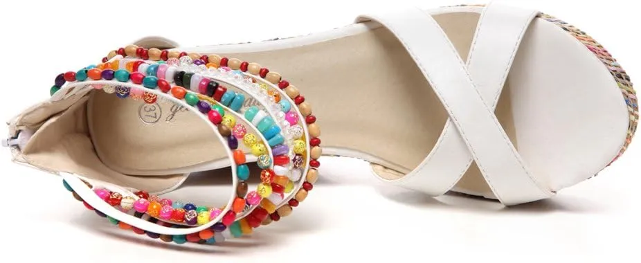 getmorebeauty Women's Wedge Sandals With Pearls Across The Top Platform Sandals High Heels