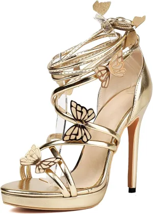Gicoiz Women Lace Up Gladiator Stiletto Heels Butterfly Sandals
