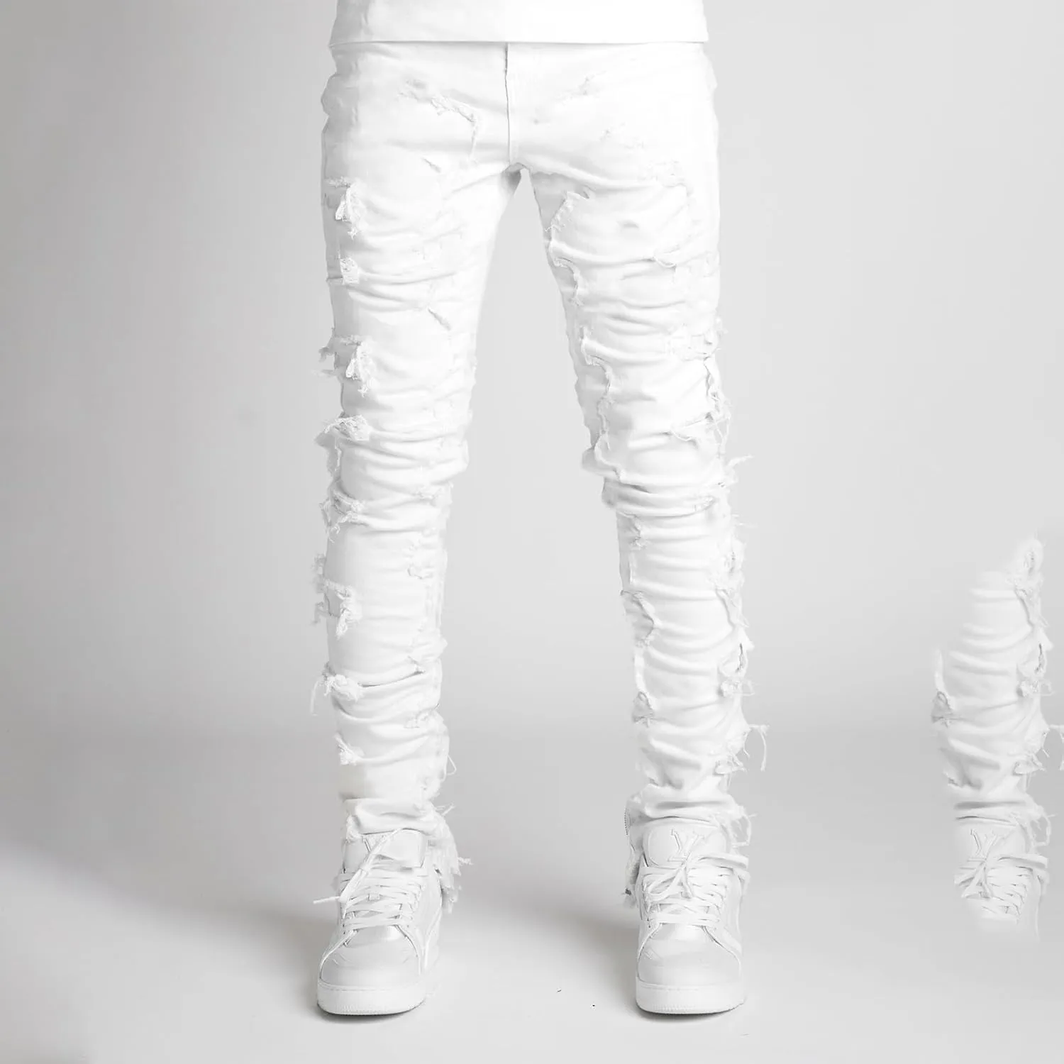 Giraropa Mens Black Stacked Jeans Slim Fit Ripped Jeans Destroyed Straight Denim Pants Harajuku Hip Hop Trouser Streetwear
