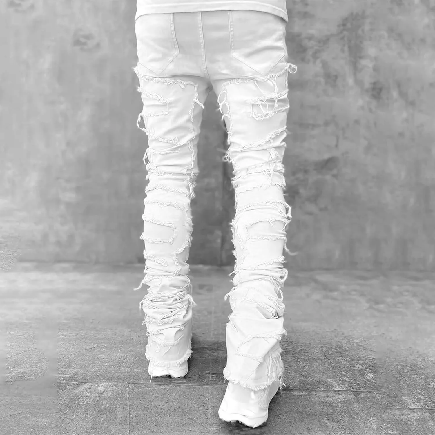 Giraropa Mens Black Stacked Jeans Slim Fit Ripped Jeans Destroyed Straight Denim Pants Harajuku Hip Hop Trouser Streetwear