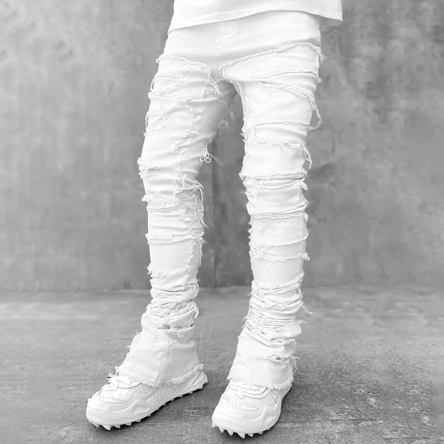 Giraropa Mens Black Stacked Jeans Slim Fit Ripped Jeans Destroyed Straight Denim Pants Harajuku Hip Hop Trouser Streetwear