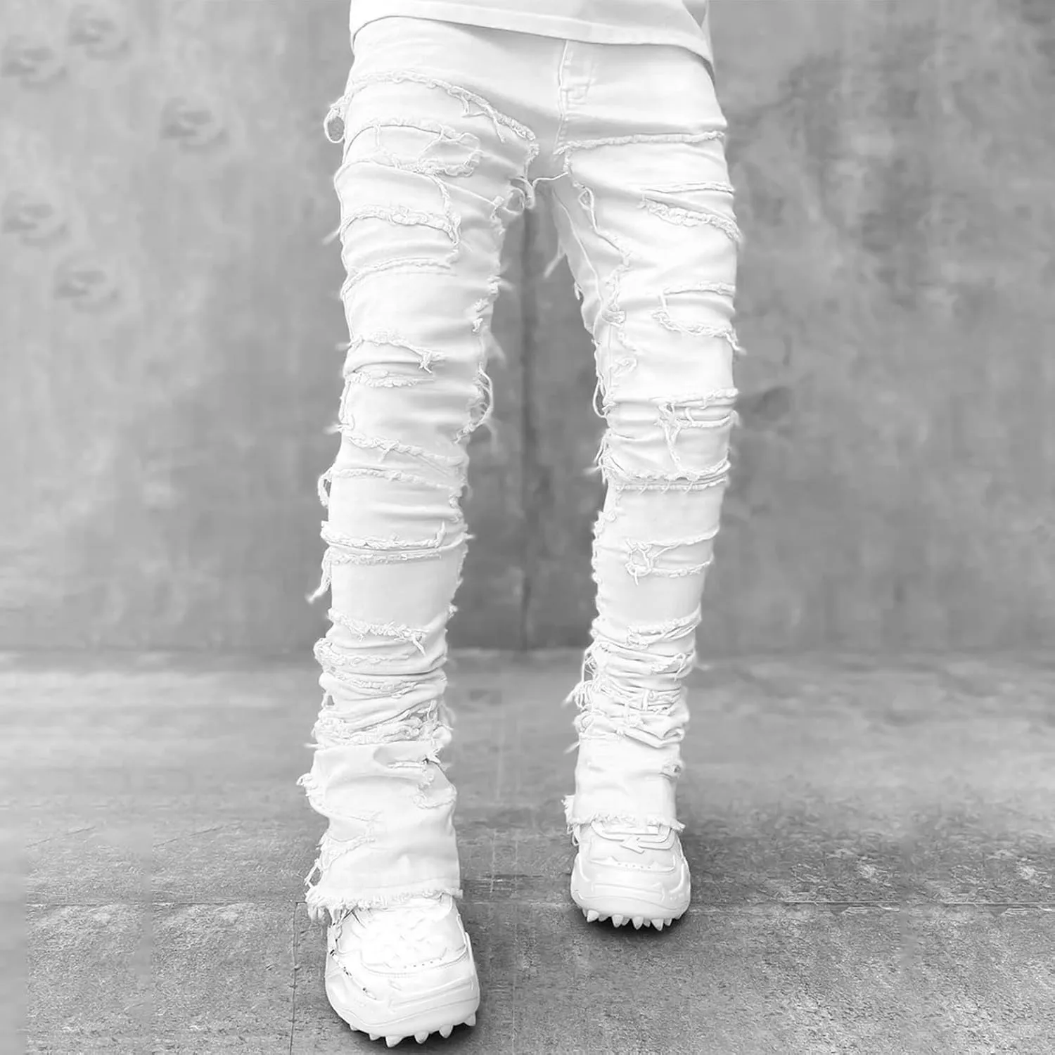 Giraropa Mens Black Stacked Jeans Slim Fit Ripped Jeans Destroyed Straight Denim Pants Harajuku Hip Hop Trouser Streetwear