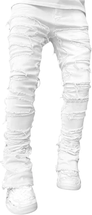 Giraropa Mens Black Stacked Jeans Slim Fit Ripped Jeans Destroyed Straight Denim Pants Harajuku Hip Hop Trouser Streetwear