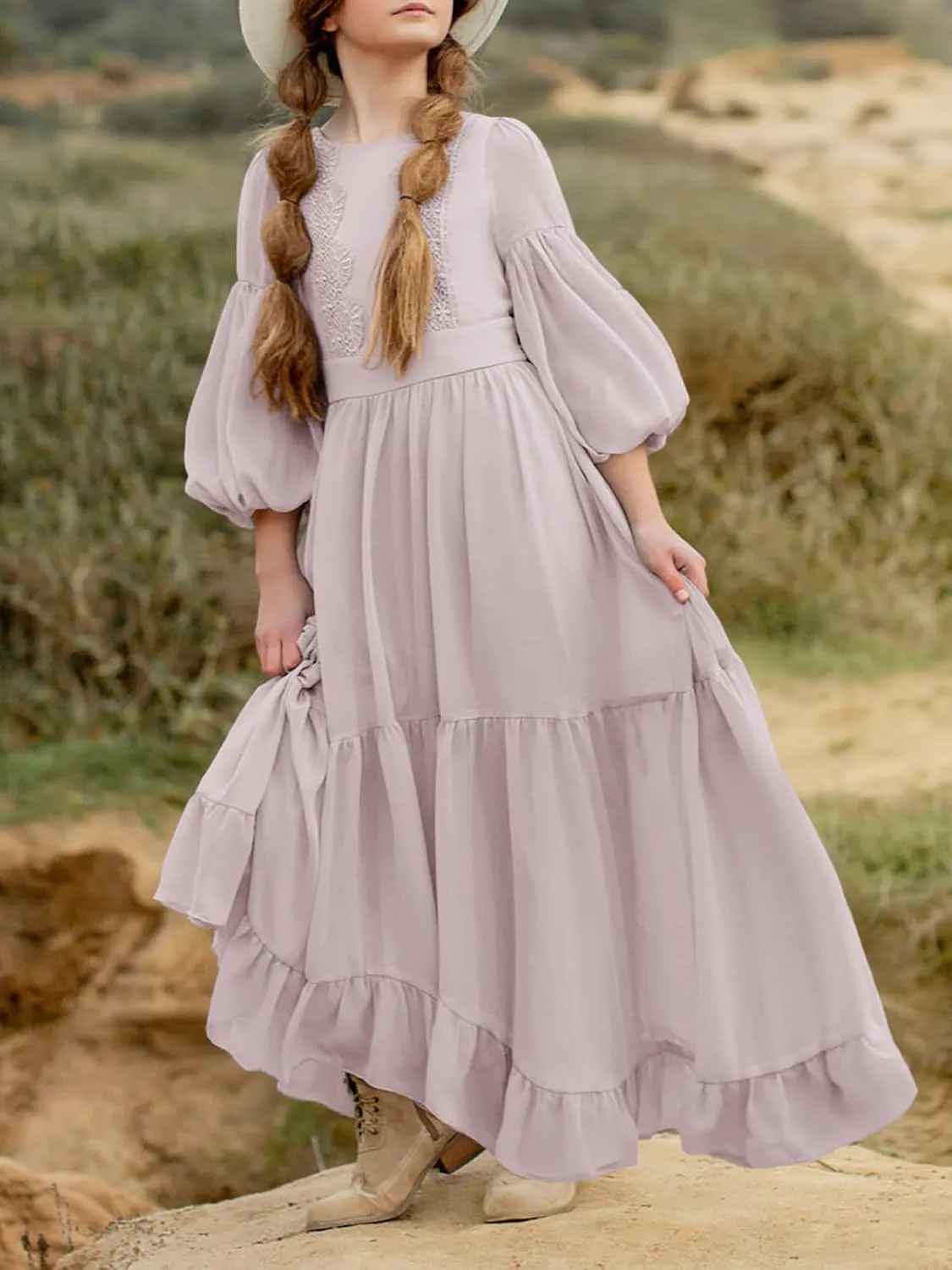 Girls Boho Dresses 3/4 Sleeve V-Back Lace Flower Crew Neck Tiered Ruffle Swing Party Maxi Dress