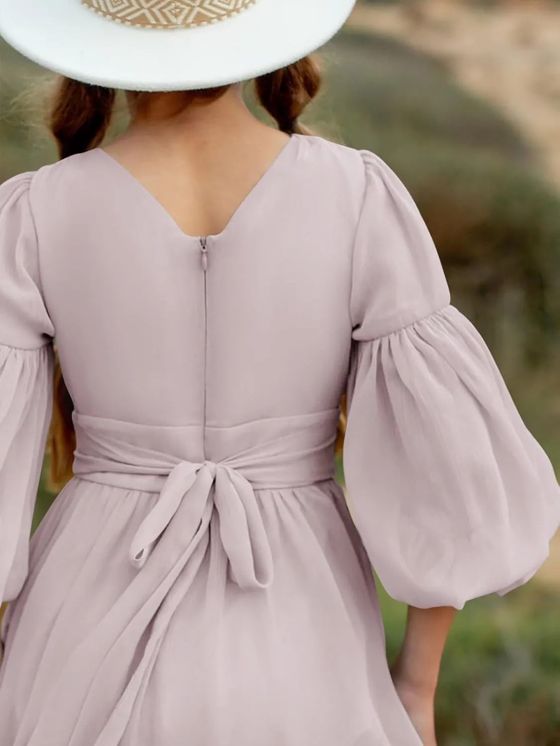 Girls Boho Dresses 3/4 Sleeve V-Back Lace Flower Crew Neck Tiered Ruffle Swing Party Maxi Dress