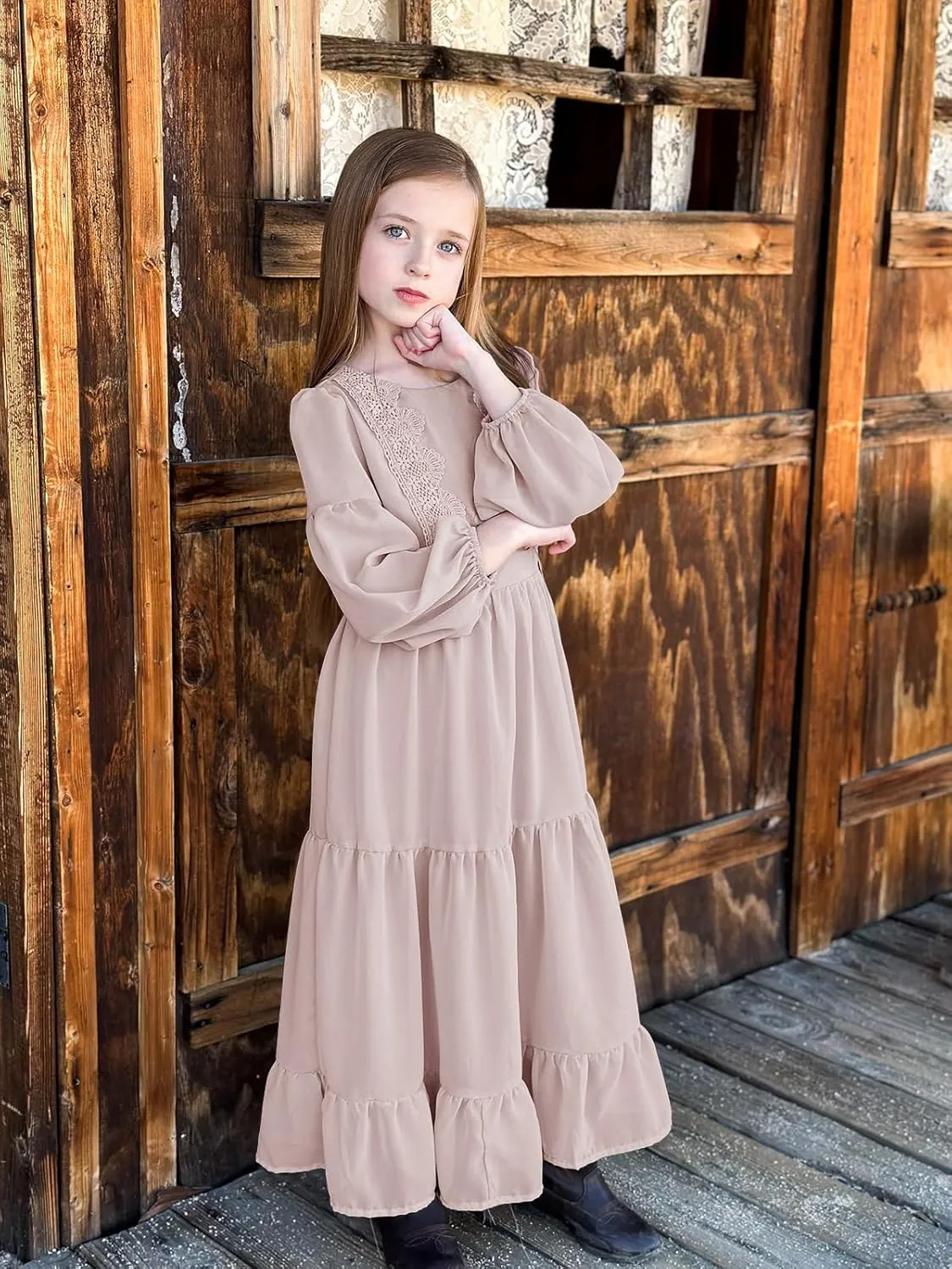 Girls Boho Dresses 3/4 Sleeve V-Back Lace Flower Crew Neck Tiered Ruffle Swing Party Maxi Dress