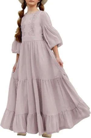 Girls Boho Dresses 3/4 Sleeve V-Back Lace Flower Crew Neck Tiered Ruffle Swing Party Maxi Dress