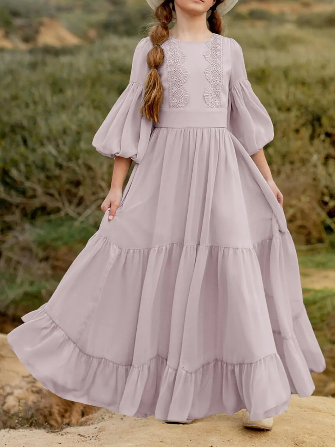 Girls Boho Dresses 3/4 Sleeve V-Back Lace Flower Crew Neck Tiered Ruffle Swing Party Maxi Dress