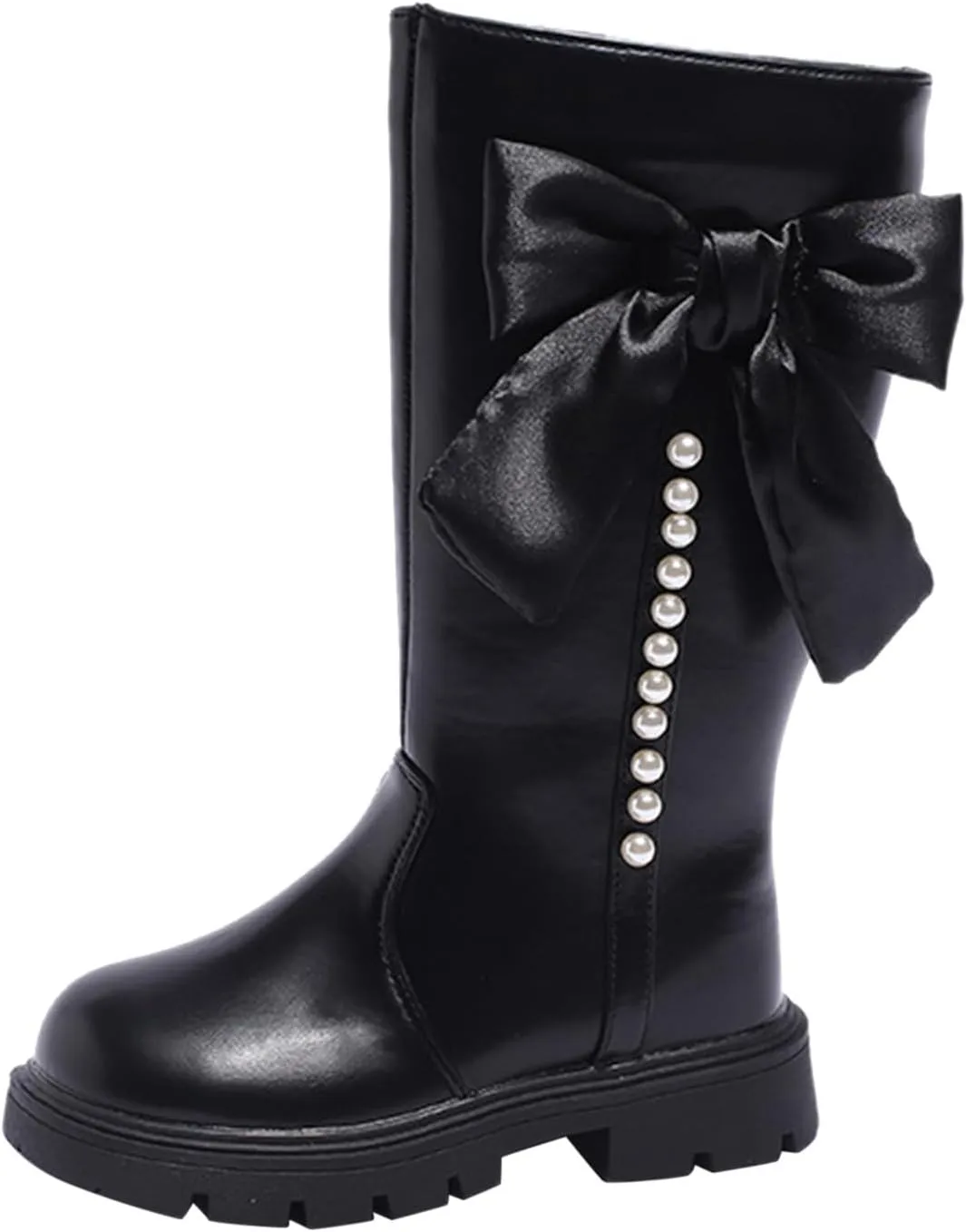 Girl's Knee High Winter Boots Bowknot Warm Faux Fur Lined Snow Boots Low Heels Lug Sole Riding Boot with Side Zipper
