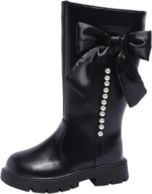 Girl's Knee High Winter Boots Bowknot Warm Faux Fur Lined Snow Boots Low Heels Lug Sole Riding Boot with Side Zipper