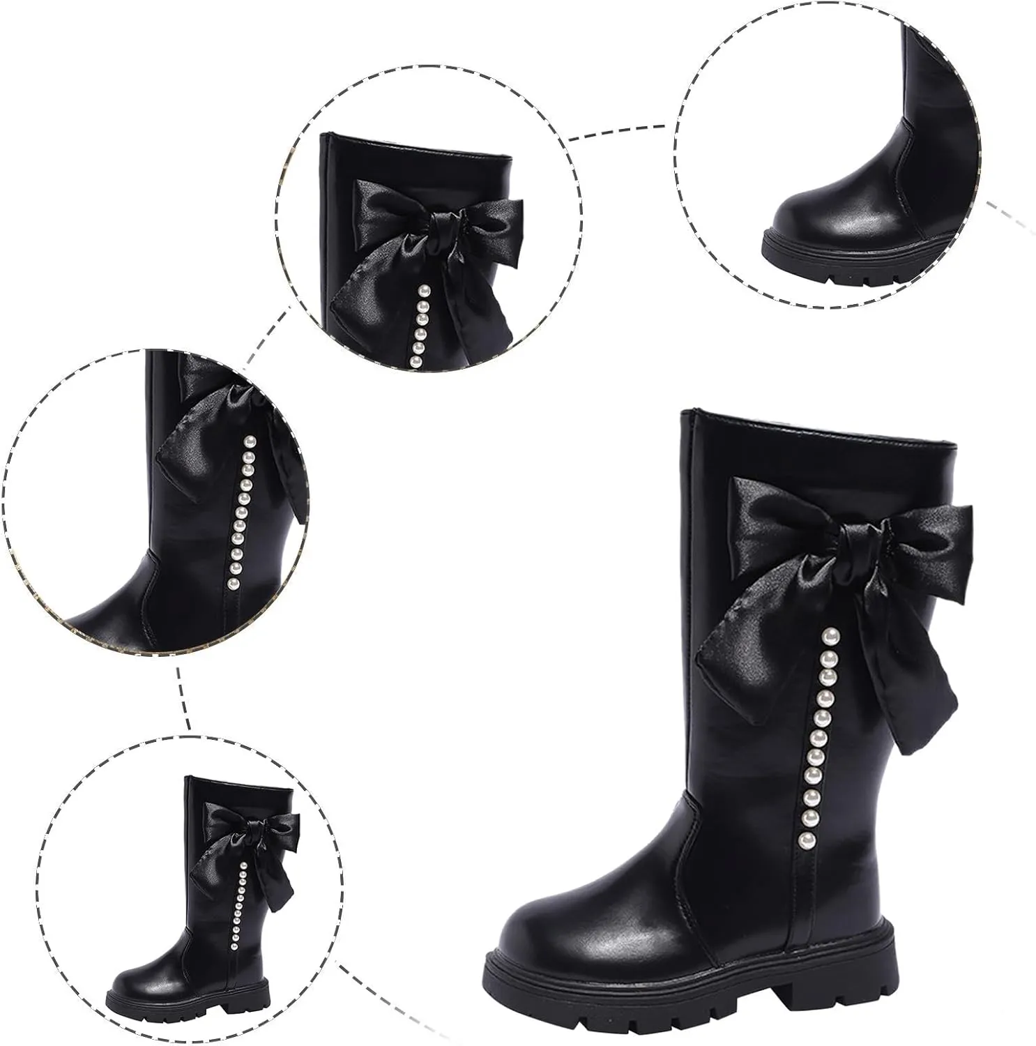 Girl's Knee High Winter Boots Bowknot Warm Faux Fur Lined Snow Boots Low Heels Lug Sole Riding Boot with Side Zipper