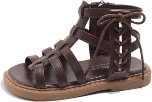 Girls Solid Color Roman 𝐆ladiator Strappy Sandals Vintage Sandal Big Kids Closed Toe Soft Rubber Low Heels Flat