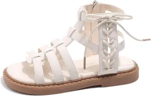 Girls Solid Color Roman 𝐆ladiator Strappy Sandals Vintage Sandal Big Kids Closed Toe Soft Rubber Low Heels Flat