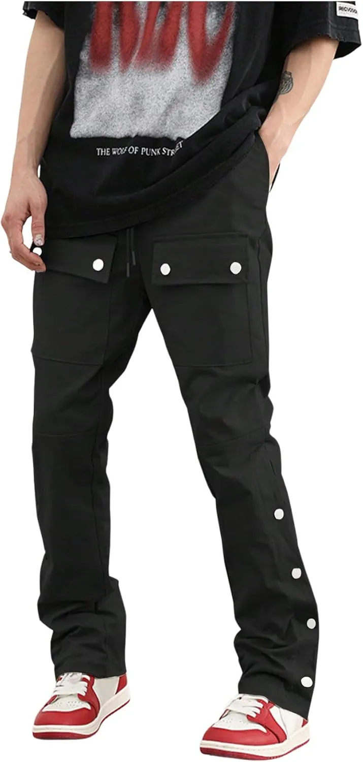 GORGLITTER Men's Stacked Jeans Baggy Sweatpants Zipper Hem Flared Cargo Pants Rivets Trousers with Pockets