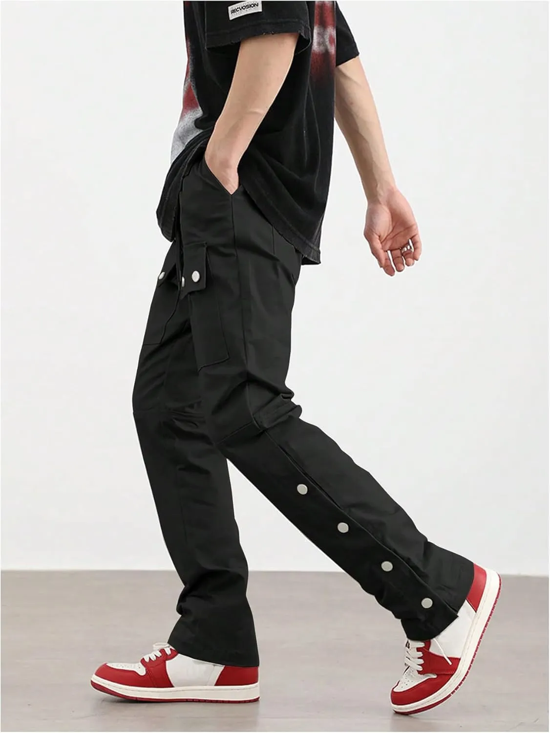GORGLITTER Men's Stacked Jeans Baggy Sweatpants Zipper Hem Flared Cargo Pants Rivets Trousers with Pockets