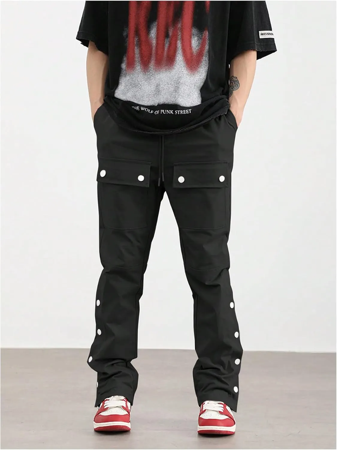 GORGLITTER Men's Stacked Jeans Baggy Sweatpants Zipper Hem Flared Cargo Pants Rivets Trousers with Pockets