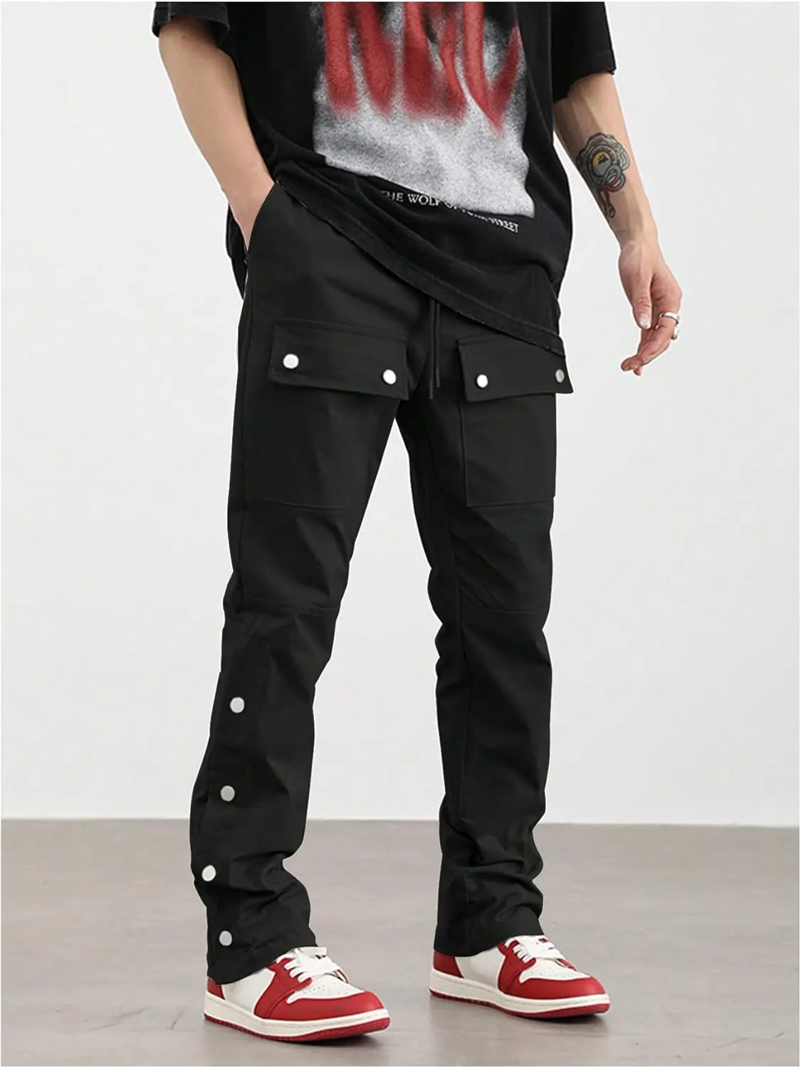 GORGLITTER Men's Stacked Jeans Baggy Sweatpants Zipper Hem Flared Cargo Pants Rivets Trousers with Pockets