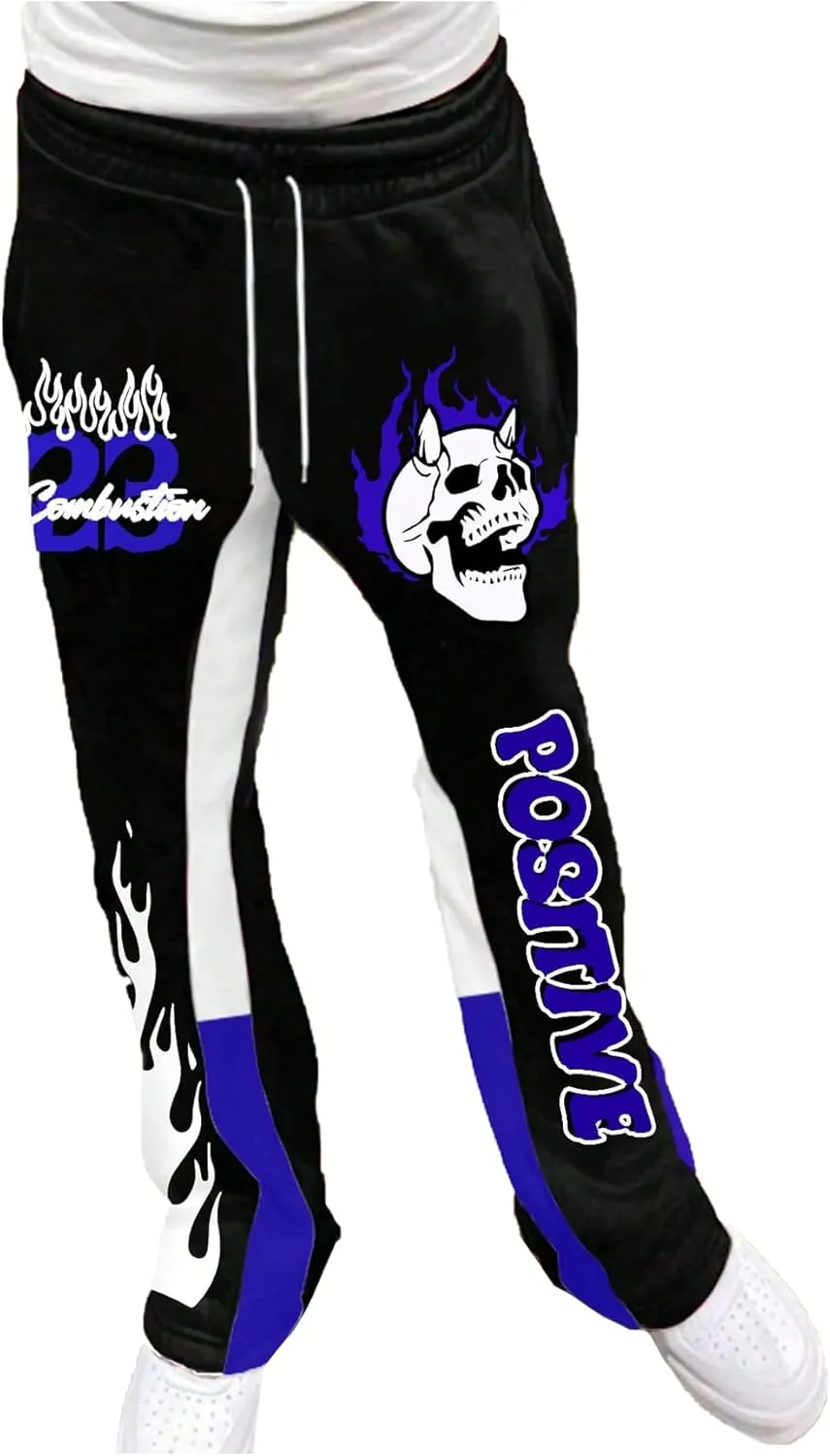 GORGLITTER Men's Y2K Sweatpants Graphic Flare Sweatpants Color Block Drawstring Waist Drippy Pants Streetwear