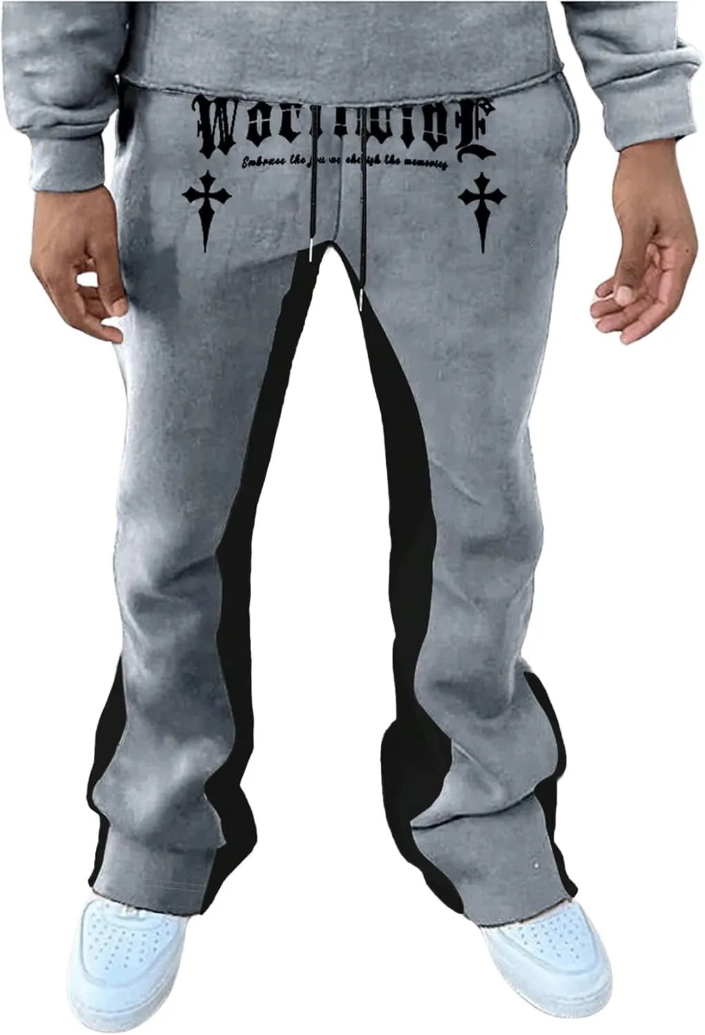 GORGLITTER Men's Y2K Sweatpants Graphic Flare Sweatpants Color Block Drawstring Waist Drippy Pants Streetwear